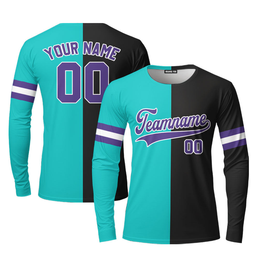 Custom Black Purple Blue Aqua Split Fashion Custom Long Sleeve T-Shirt For Men & Women