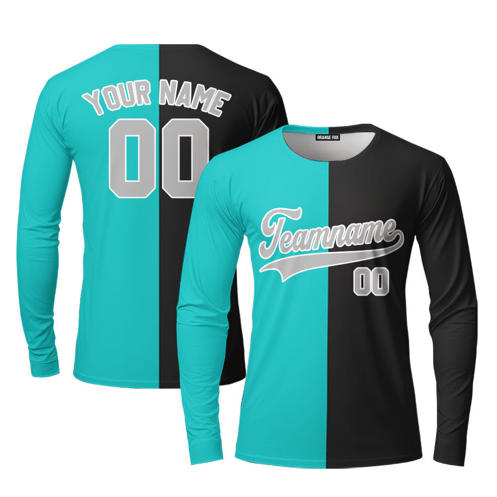 Custom Black Gray Blue Aqua Split Fashion Custom Long Sleeve T-Shirt For Men & Women