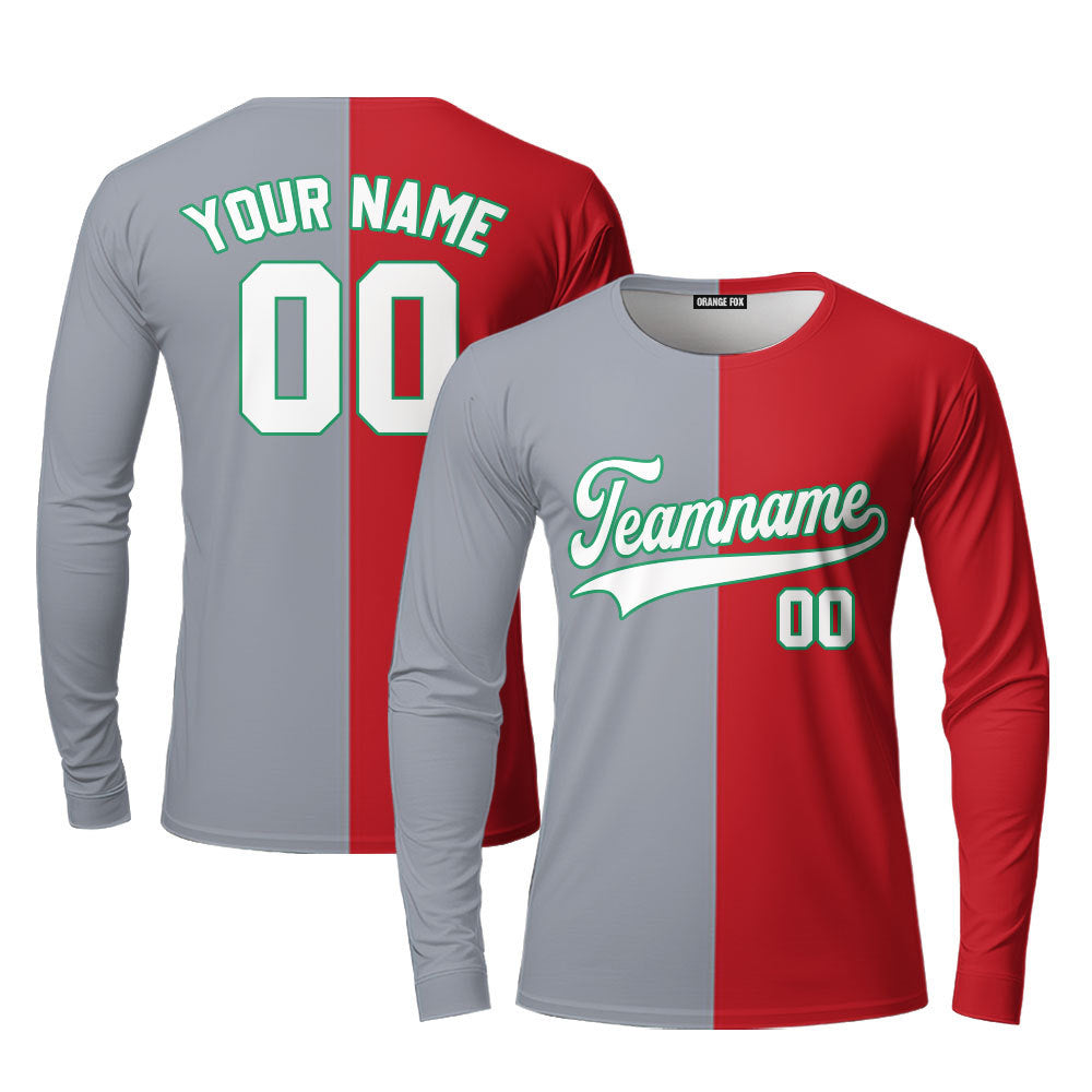 Custom Red Kelly Green Gray Split Fashion Custom Long Sleeve T-Shirt For Men & Women