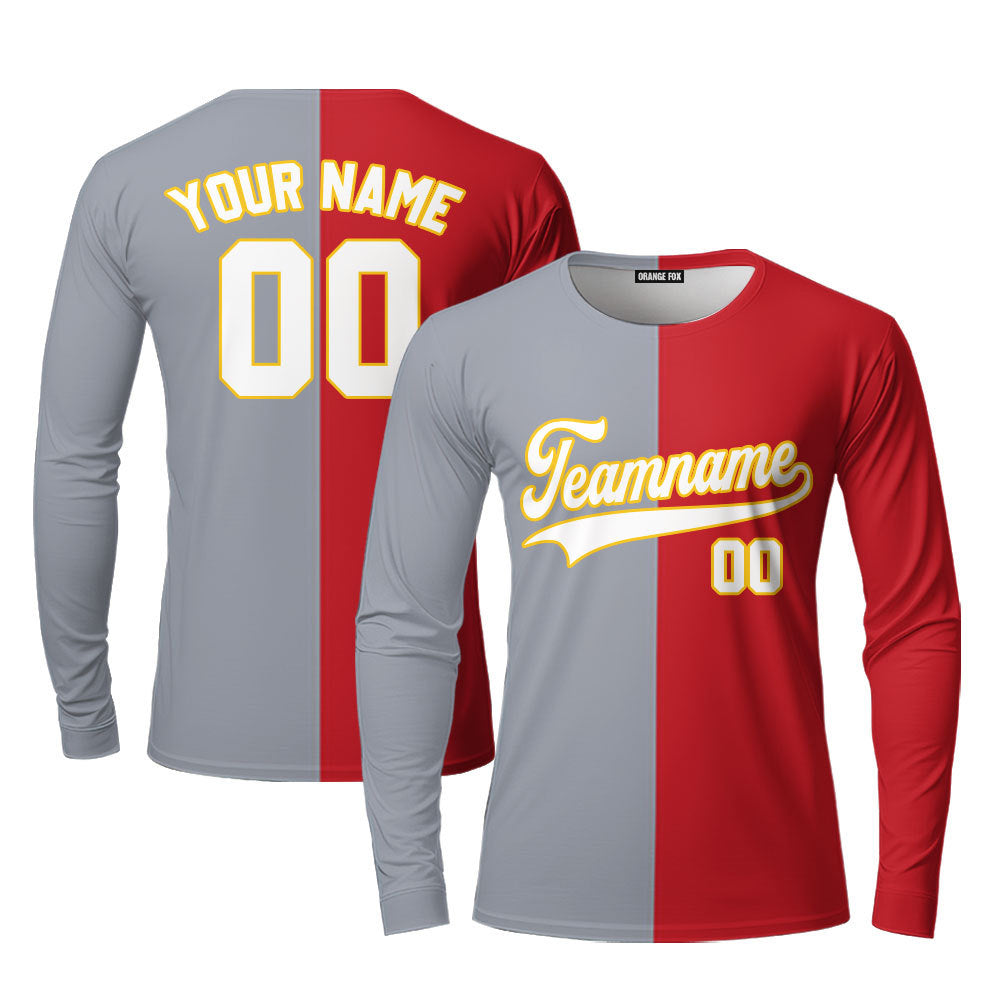 Custom Red Gold Gray Split Fashion Custom Long Sleeve T-Shirt For Men & Women