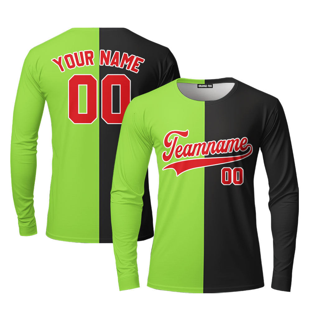 Custom Black Red Neon Green Split Fashion Custom Long Sleeve T-Shirt For Men & Women