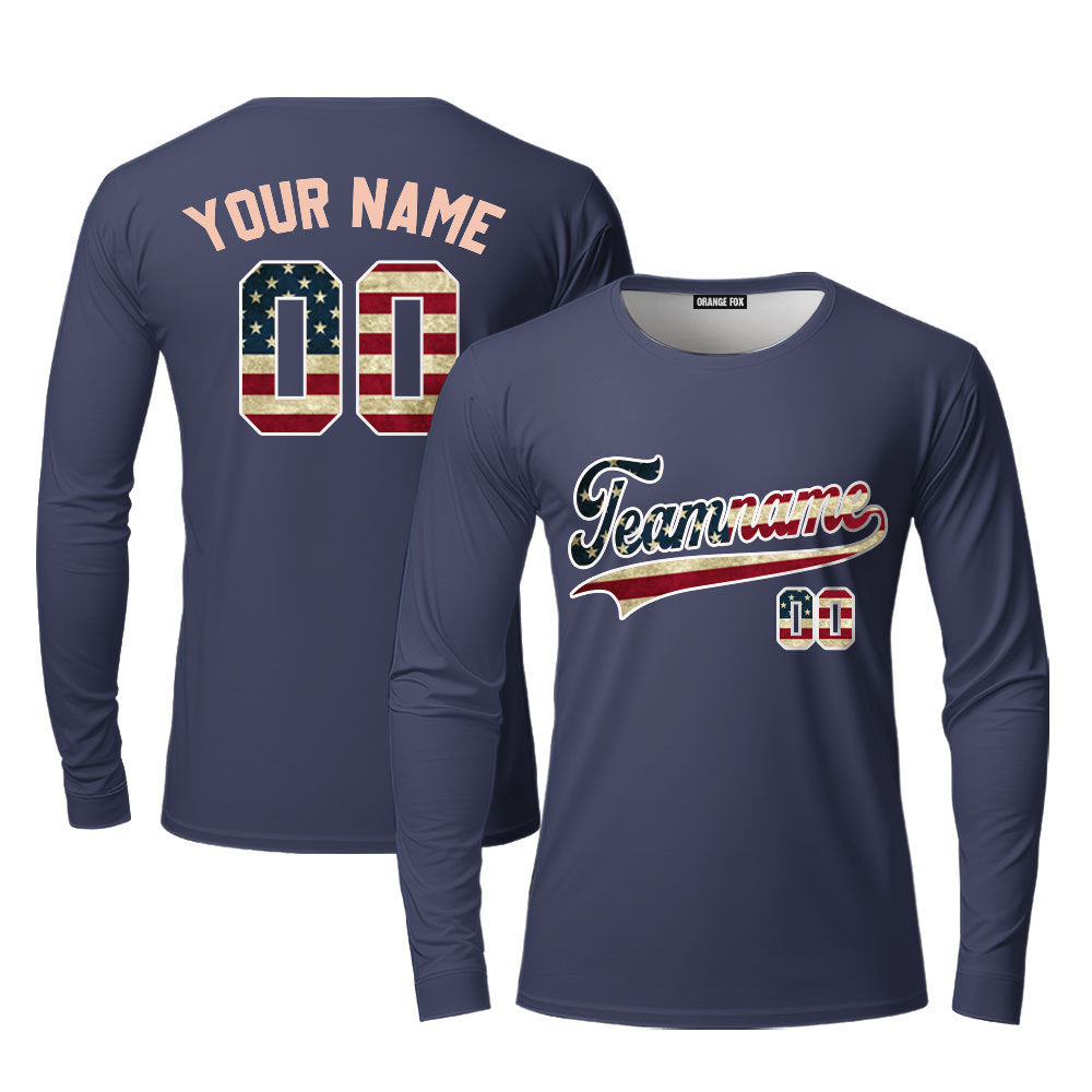 Custom Vintage American Flag Navy Custom Long Sleeve T-Shirt For Men & Women