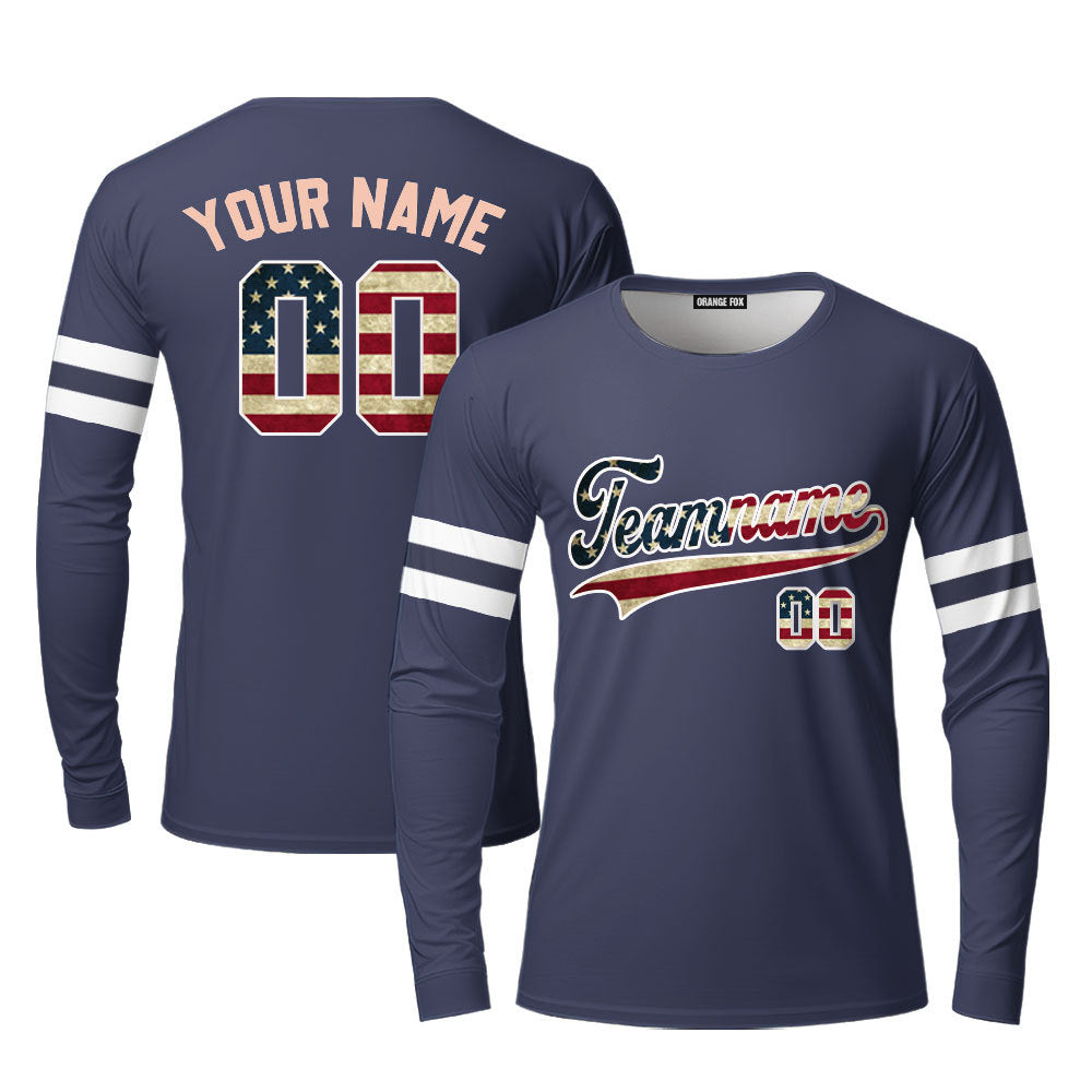 Custom Vintage American Flag Navy Custom Long Sleeve T-Shirt For Men & Women