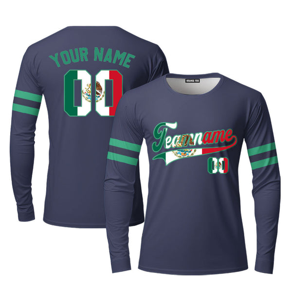 Custom Mexican Flag Navy Custom Long Sleeve T-Shirt For Men & Women