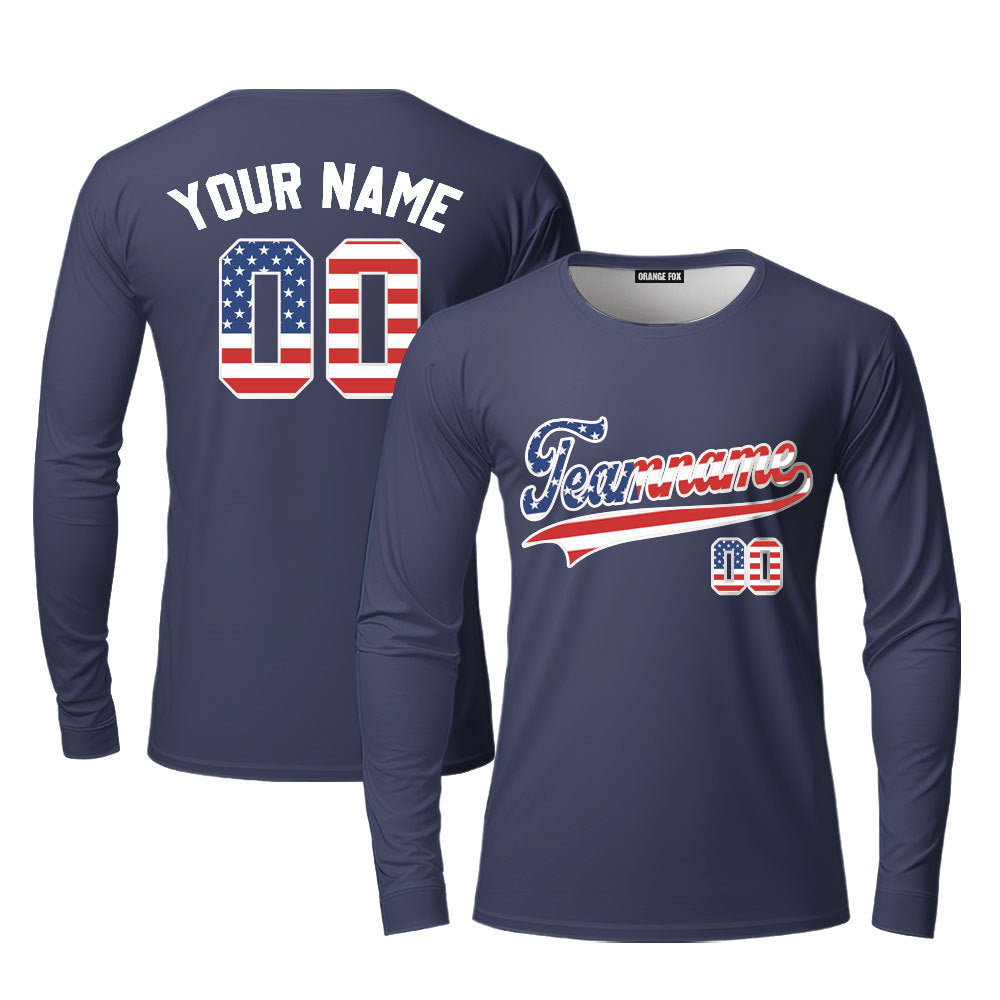 Custom Proud American Flag Navy Custom Long Sleeve T-Shirt For Men & Women