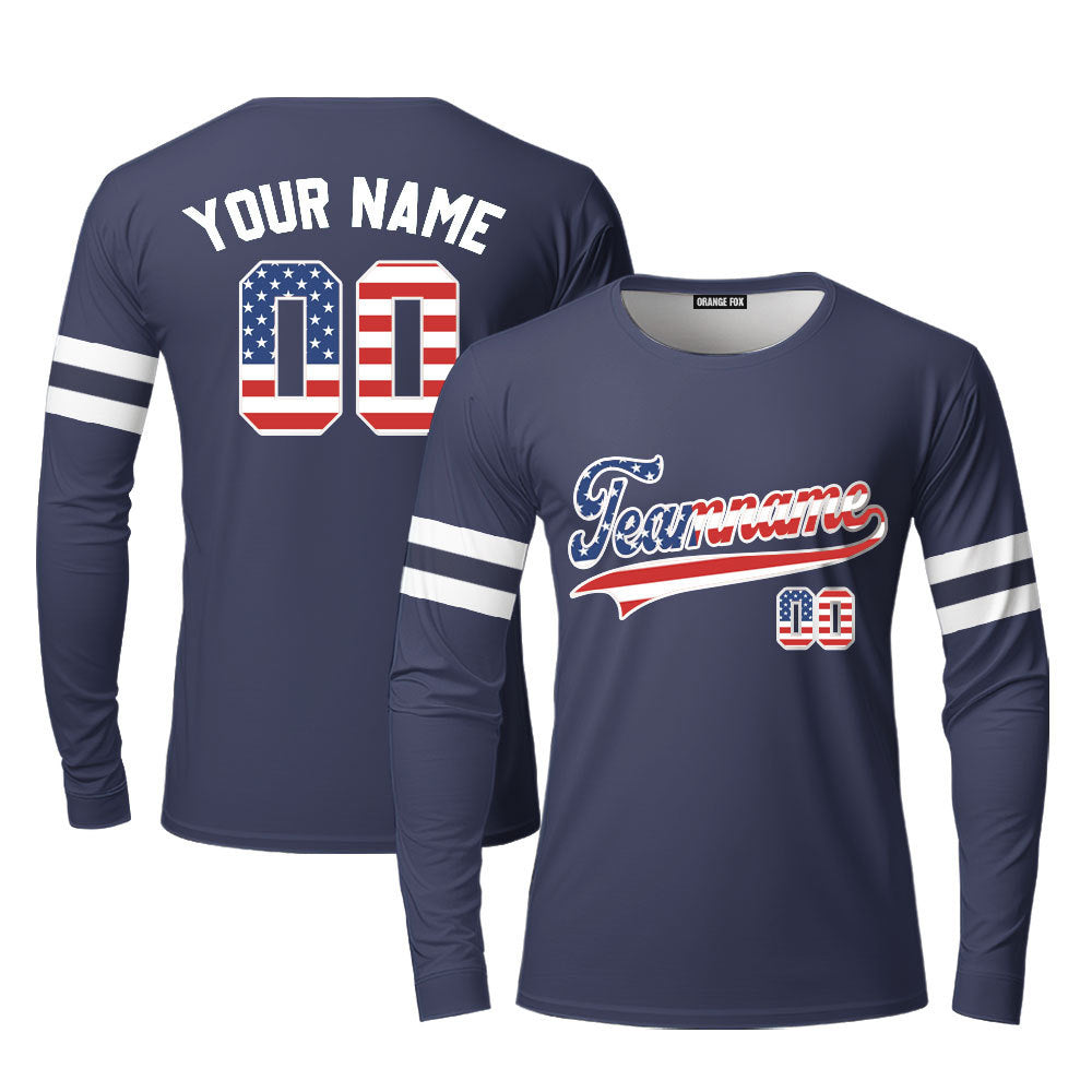 Custom Proud American Flag Navy Custom Long Sleeve T-Shirt For Men & Women