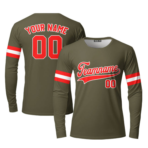 Custom Olive Green Red - White Custom Long Sleeve T-Shirt For Men & Women