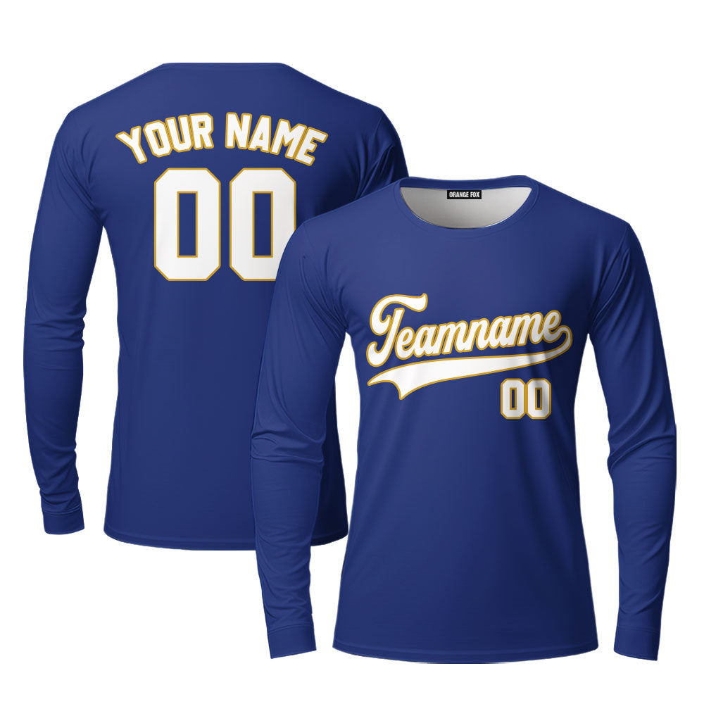 Custom Royal Blue White - Yellow Custom Long Sleeve T-Shirt For Men & Women