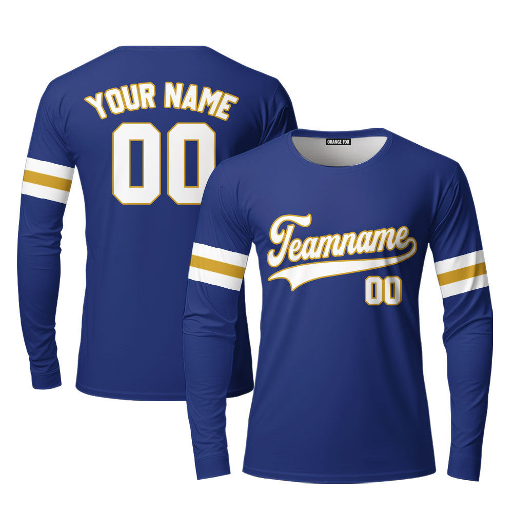 Custom Royal Blue White - Yellow Custom Long Sleeve T-Shirt For Men & Women