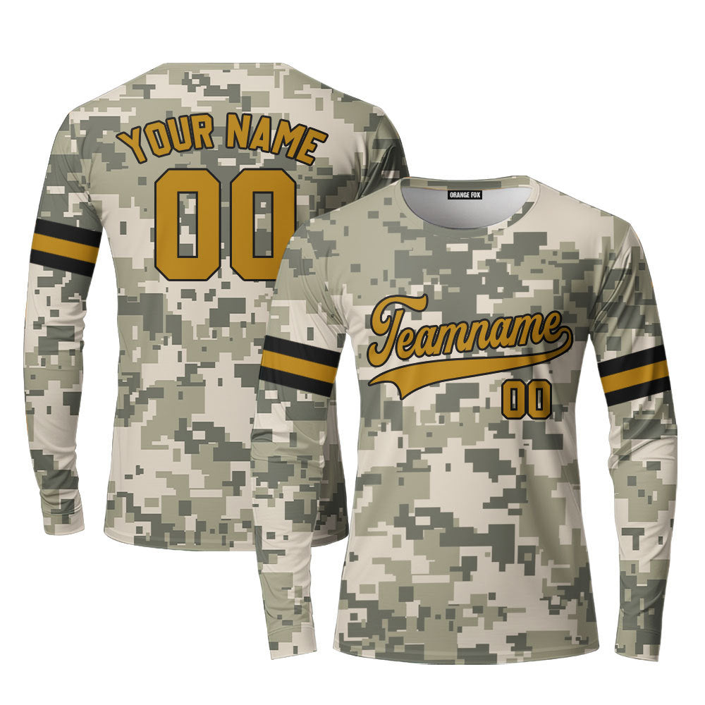 Custom US Pixel Camo Style Gold Black Custom Long Sleeve T-Shirt For Men & Women