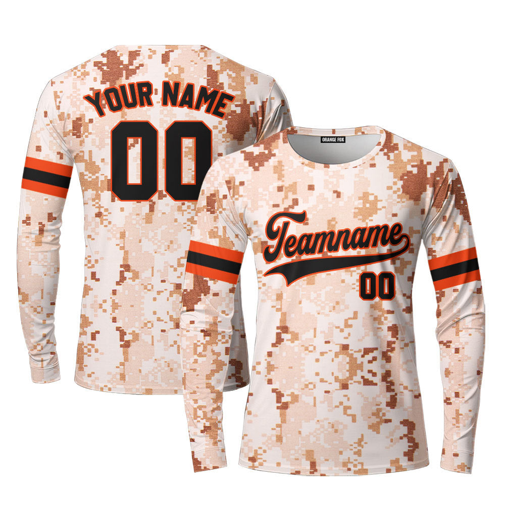 Custom US Navy Camo Style Black Orange Custom Long Sleeve T-Shirt For Men & Women