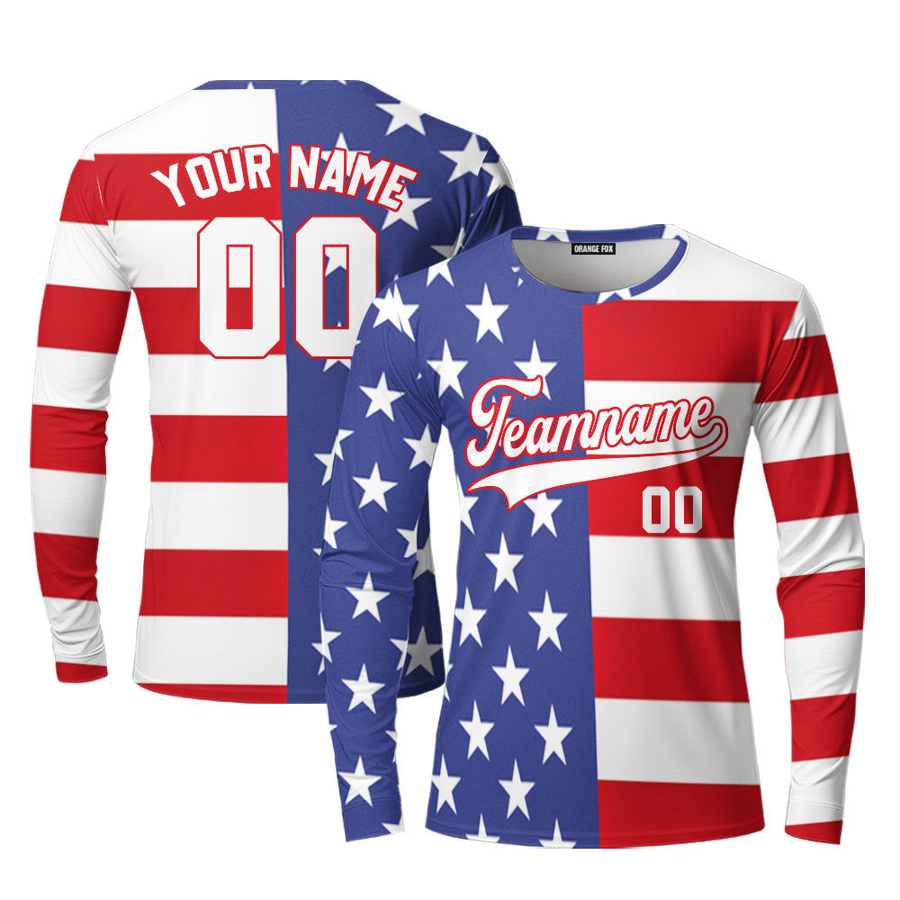 Custom American Flag White Blue Custom Long Sleeve T-Shirt For Men & Women