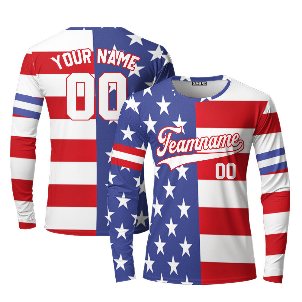 Custom American Flag White Blue Custom Long Sleeve T-Shirt For Men & Women