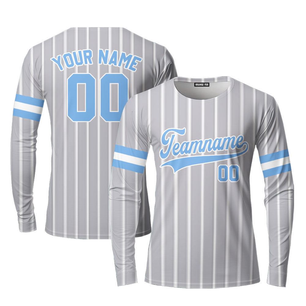 Custom Grey White Pinstripe Light Blue Custom Long Sleeve T-Shirt For Men & Women