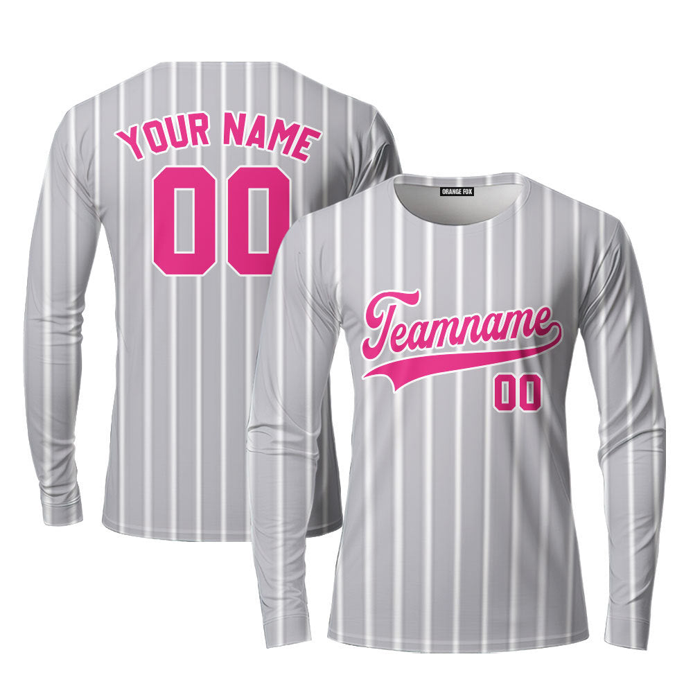 Custom Grey White Pinstripe Pink Custom Long Sleeve T-Shirt For Men & Women