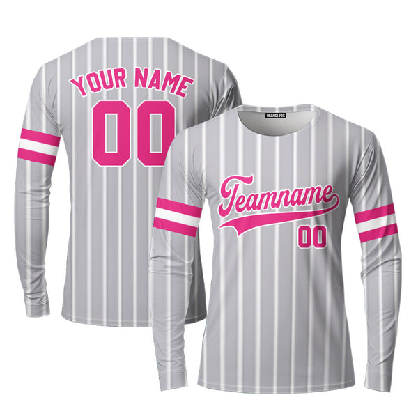 Custom Grey White Pinstripe Pink Custom Long Sleeve T-Shirt For Men & Women