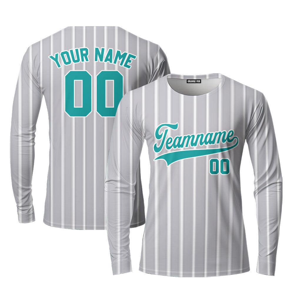 Custom Grey White Pinstripe Aqua Custom Long Sleeve T-Shirt For Men & Women