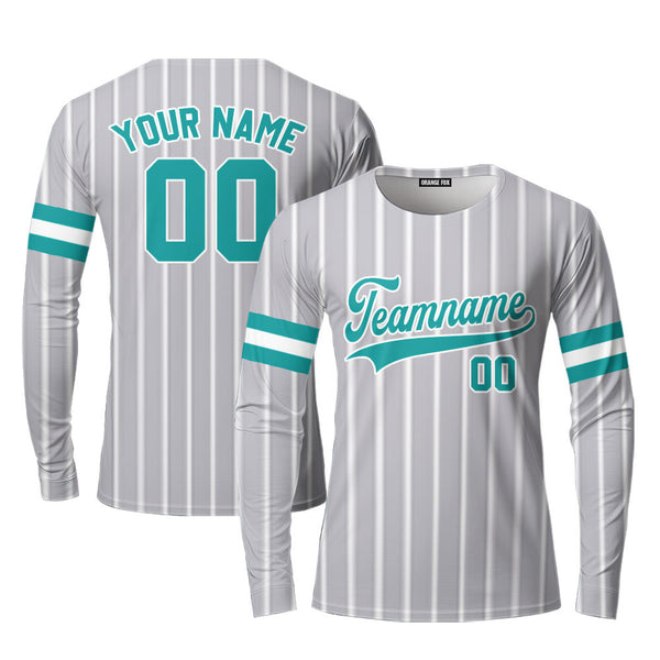 Custom Grey White Pinstripe Aqua Custom Long Sleeve T-Shirt For Men & Women