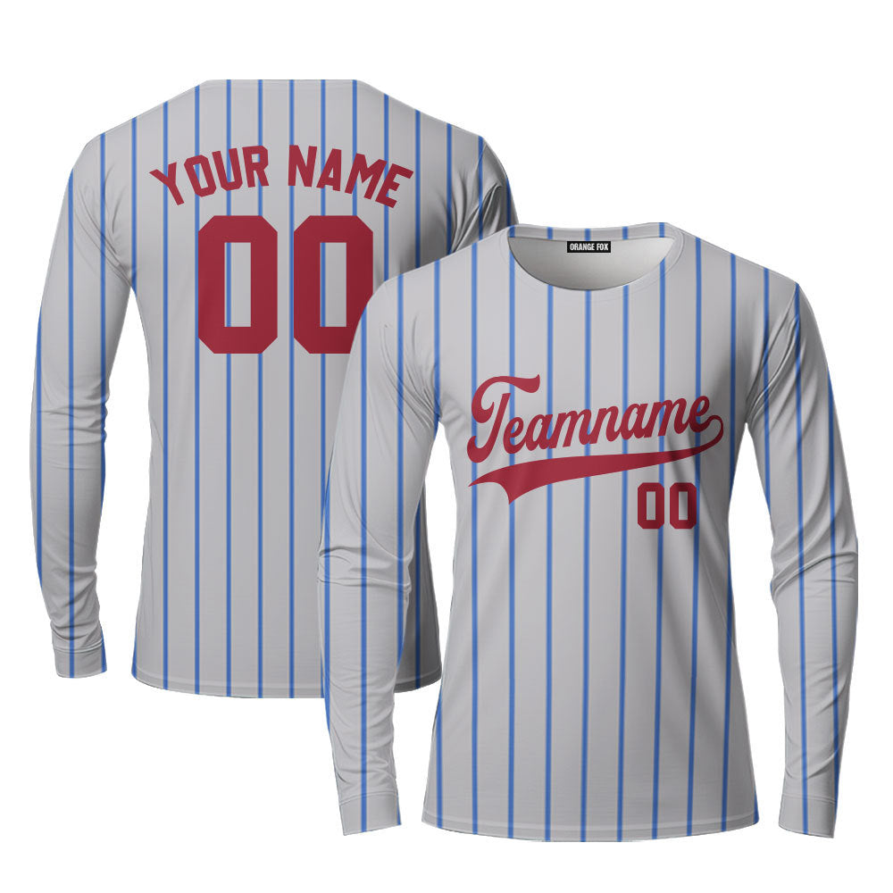 Custom Grey Royal Blue Pinstripe Crimson Custom Long Sleeve T-Shirt For Men & Women