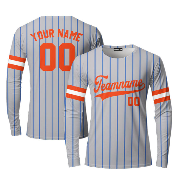 Custom Grey Royal Blue Pinstripe Orange Custom Long Sleeve T-Shirt For Men & Women