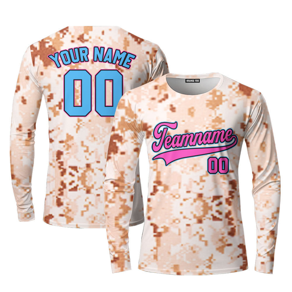 Custom US Brown Navy Camo Pink Light Blue Custom Long Sleeve T-Shirt For Men & Women