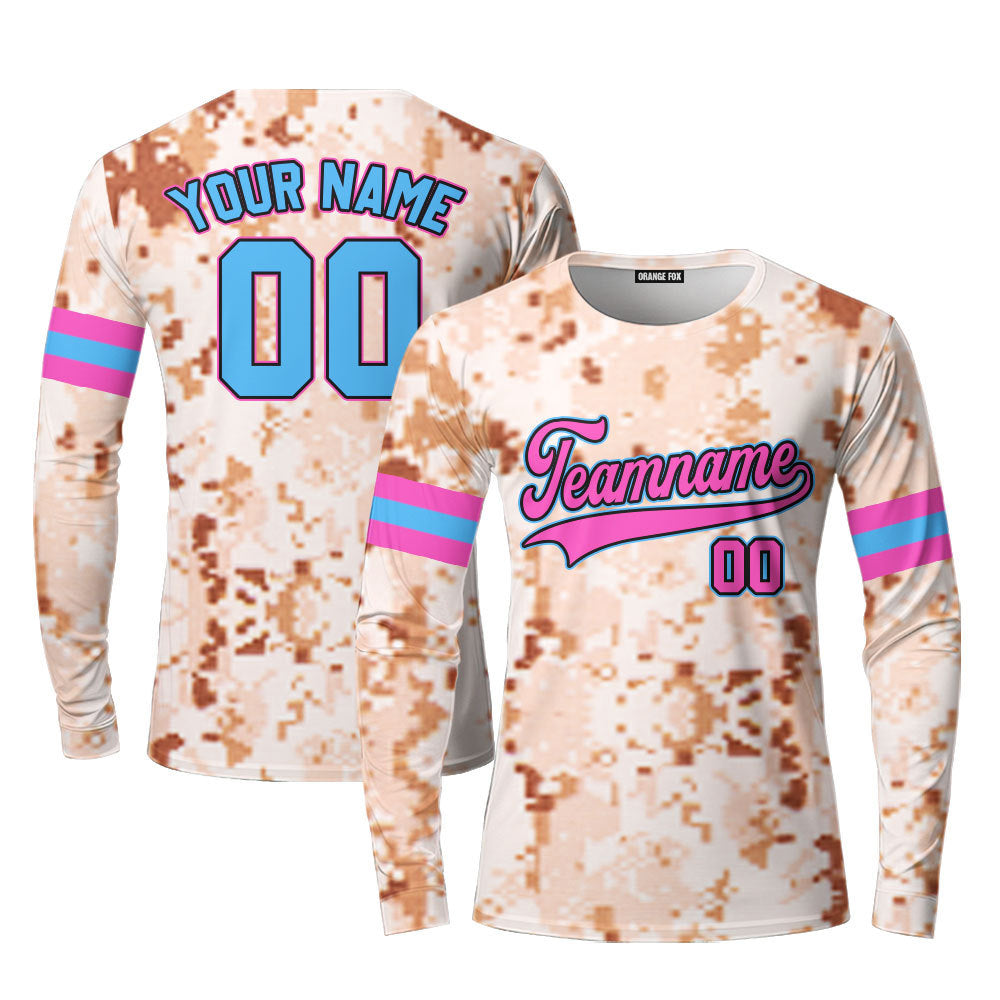 Custom US Brown Navy Camo Pink Light Blue Custom Long Sleeve T-Shirt For Men & Women