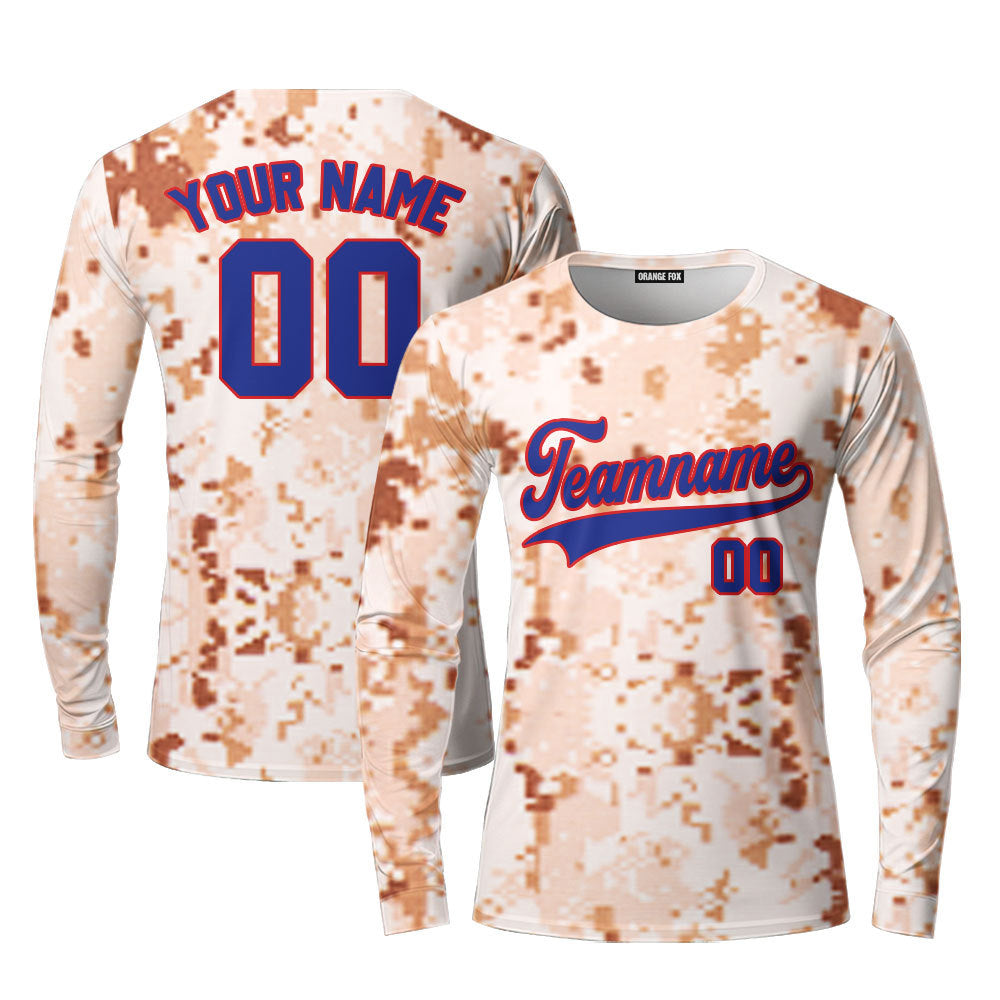 Custom US Brown Navy Camo Powder Blue Red Custom Long Sleeve T-Shirt For Men & Women