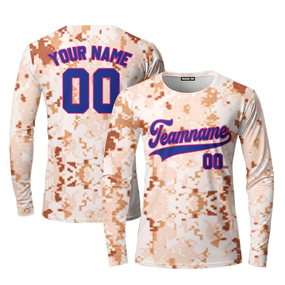 Custom US Brown Navy Camo Powder Blue Pink Custom Long Sleeve T-Shirt For Men & Women