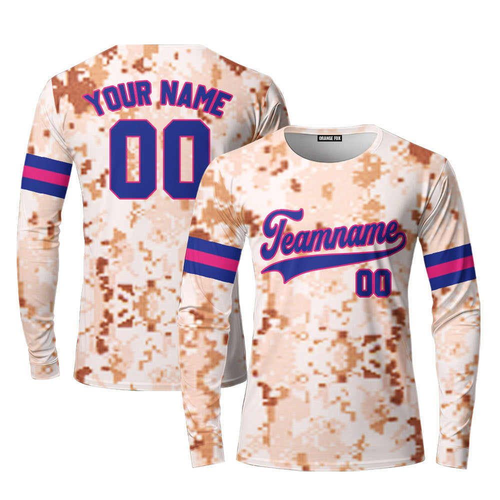 Custom US Brown Navy Camo Powder Blue Pink Custom Long Sleeve T-Shirt For Men & Women