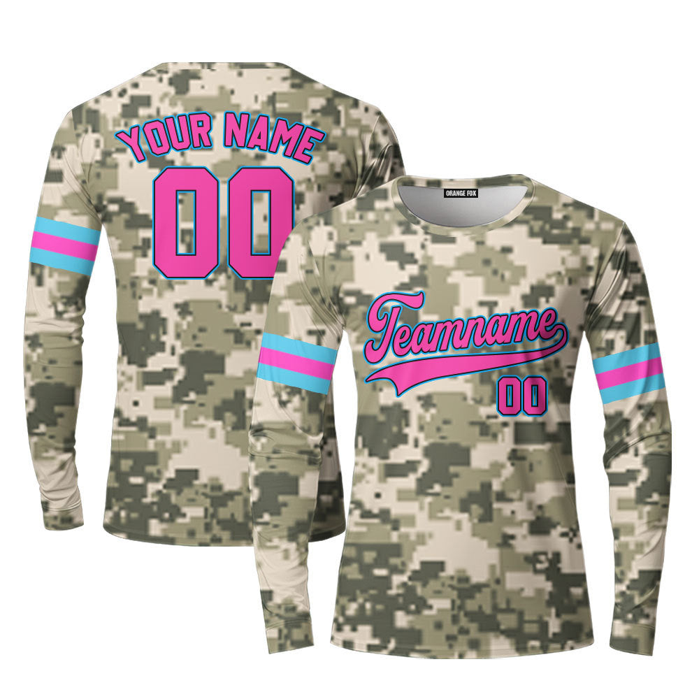 Custom Pixel Camouflage Pink Light Blue Custom Long Sleeve T-Shirt For Men & Women