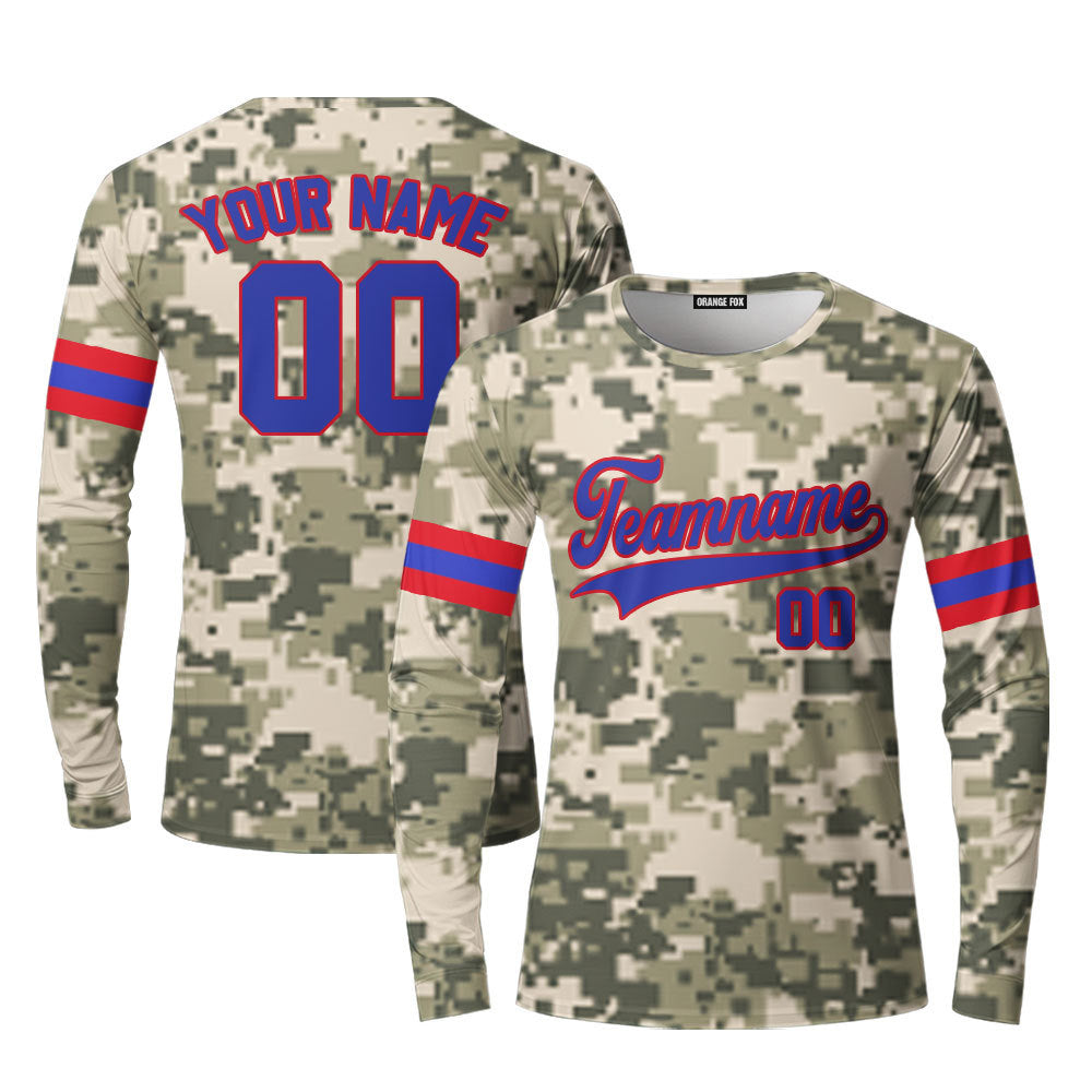 Custom Pixel Camouflage Royal Blue Red Custom Long Sleeve T-Shirt For Men & Women