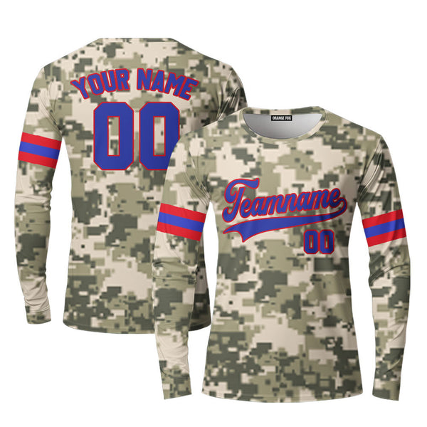 Custom Pixel Camouflage Royal Blue Red Custom Long Sleeve T-Shirt For Men & Women