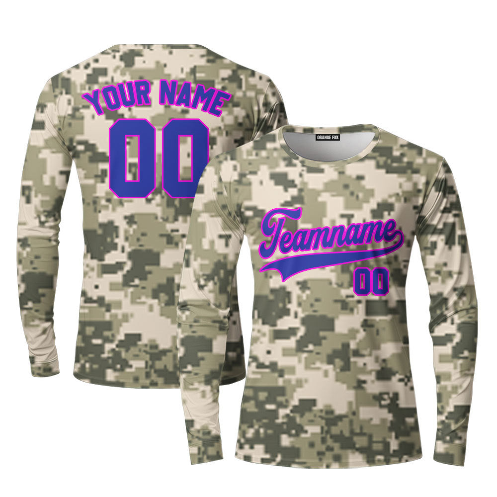 Custom Pixel Camouflage Royal Blue Pink Custom Long Sleeve T-Shirt For Men & Women