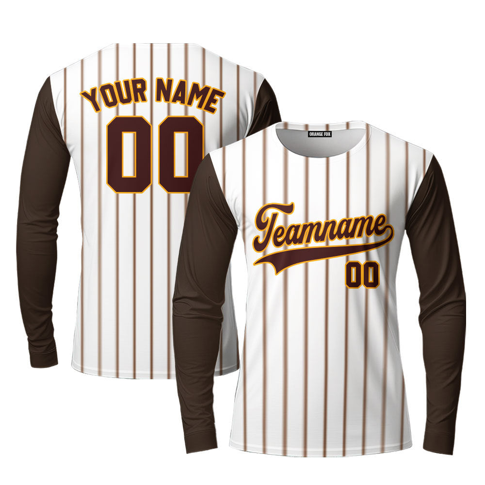 Custom Brown White Pinstripe Brown Yellow Raglan Sleeves Custom Long Sleeve T-Shirt For Men & Women