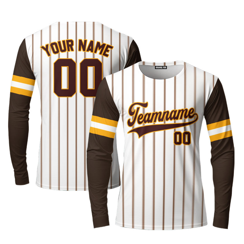 Custom Brown White Pinstripe Brown Yellow Raglan Sleeves Custom Long Sleeve T-Shirt For Men & Women