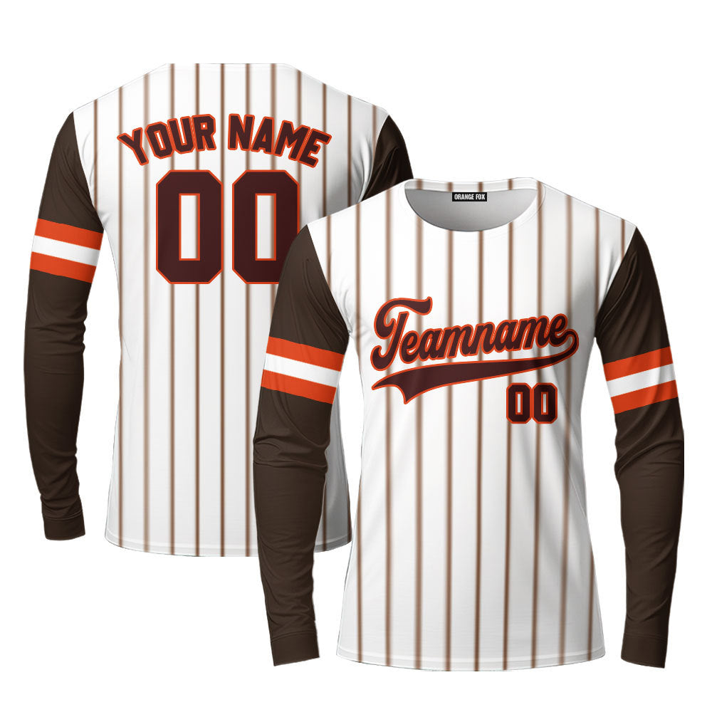 Custom Brown White Pinstripe Brown Orange Raglan Sleeves Custom Long Sleeve T-Shirt For Men & Women