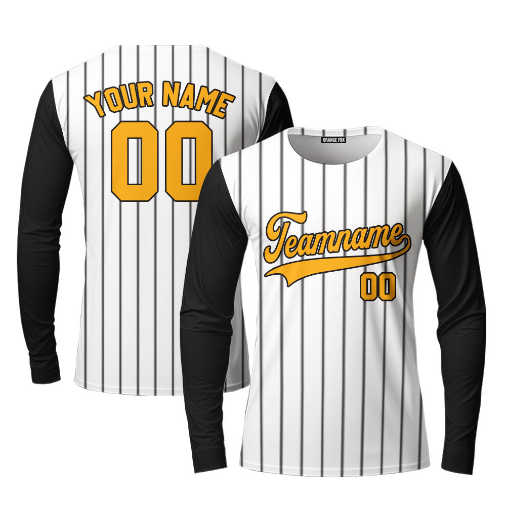 Custom Black White Pinstripe Yellow Black Raglan Sleeves ; Custom Long Sleeve T-Shirt For Men & Women