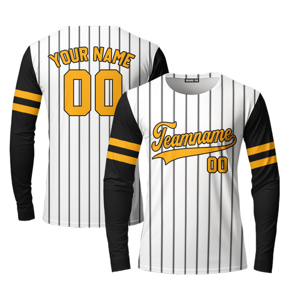 Custom Black White Pinstripe Yellow Black Raglan Sleeves ; Custom Long Sleeve T-Shirt For Men & Women