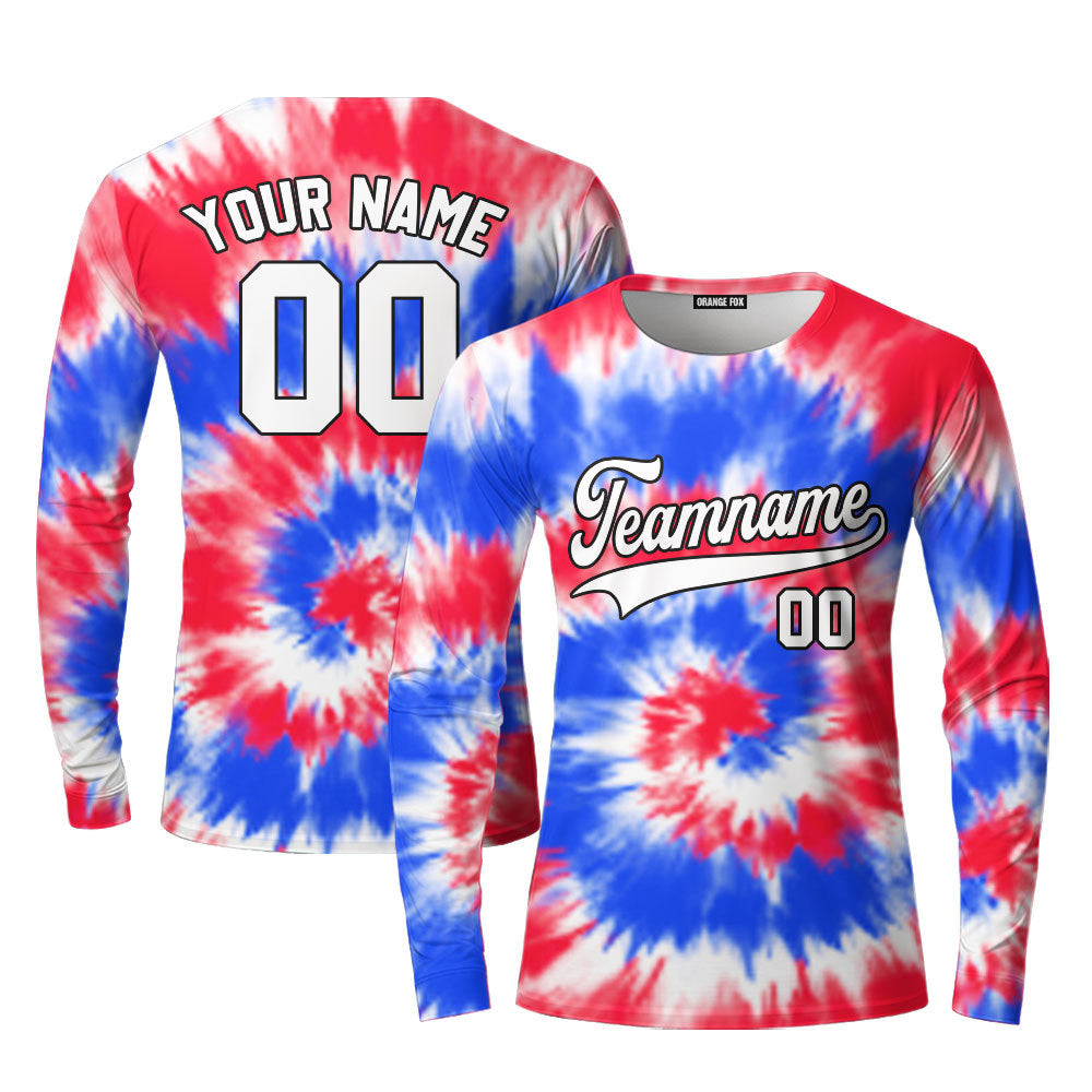 Custom Tie Dye Royal Red On White Custom Long Sleeve T-Shirt For Men & Women