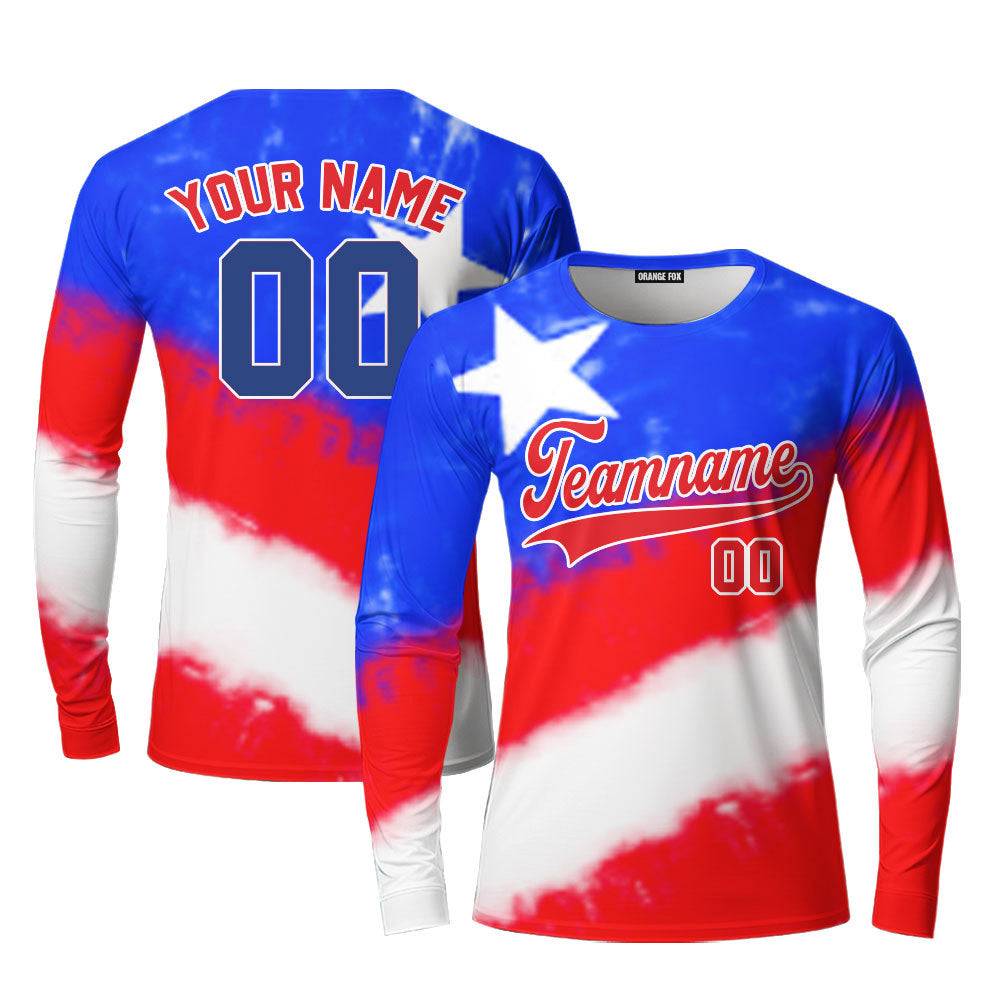 Custom Tie Dye White Royal USA Flag On Red Custom Long Sleeve T-Shirt For Men & Women