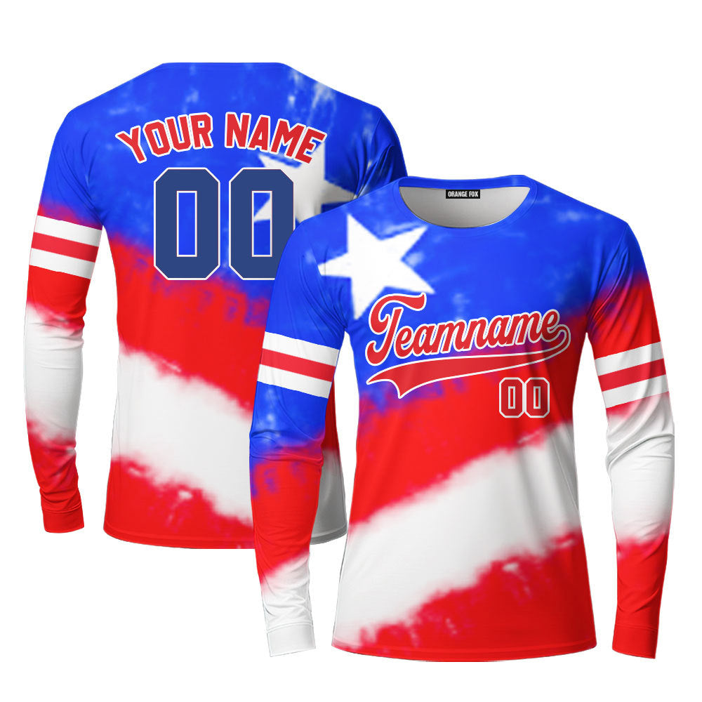 Custom Tie Dye White Royal USA Flag On Red Custom Long Sleeve T-Shirt For Men & Women