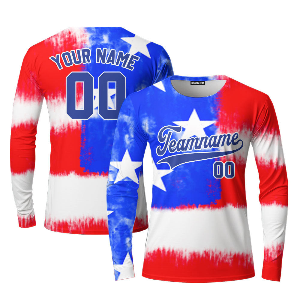 Custom Tie Dye American Flag On Blue Custom Long Sleeve T-Shirt For Men & Women