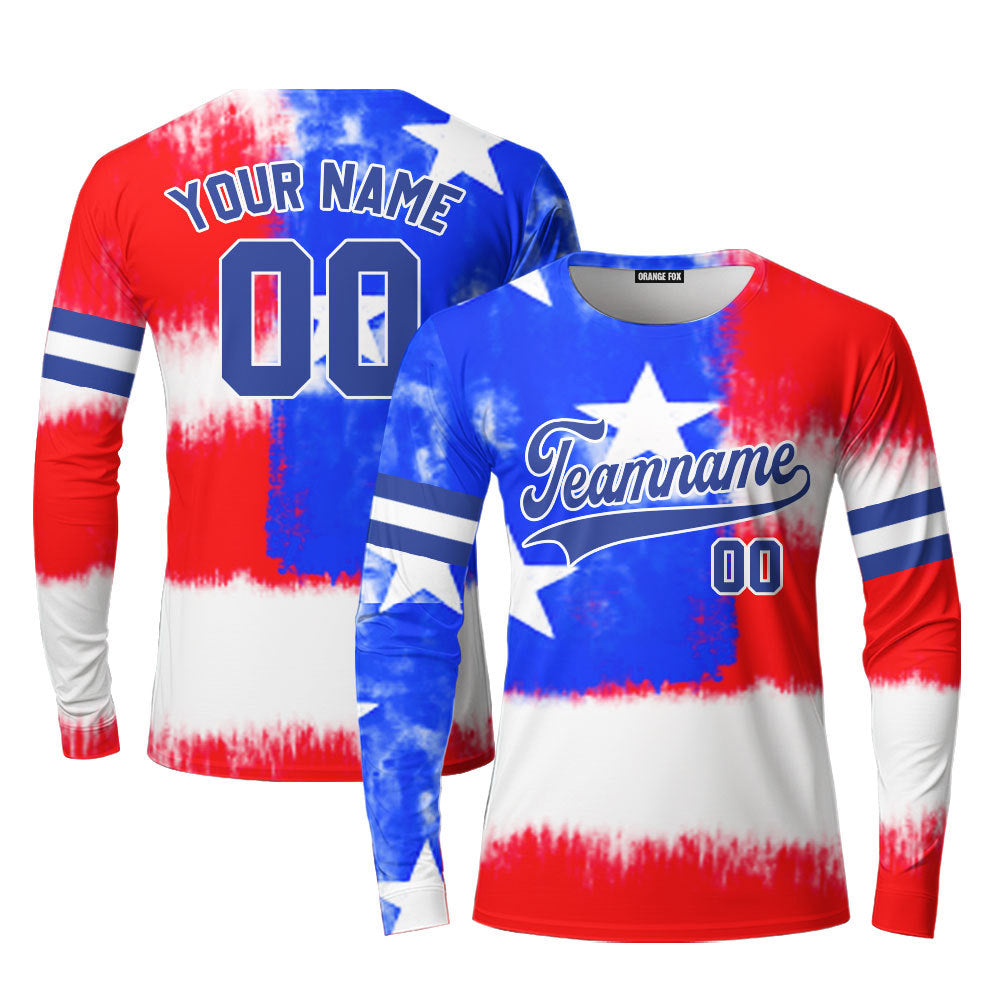 Custom Tie Dye American Flag On Blue Custom Long Sleeve T-Shirt For Men & Women