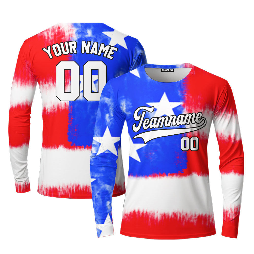 Custom Tie Dye American Flag On White Custom Long Sleeve T-Shirt For Men & Women