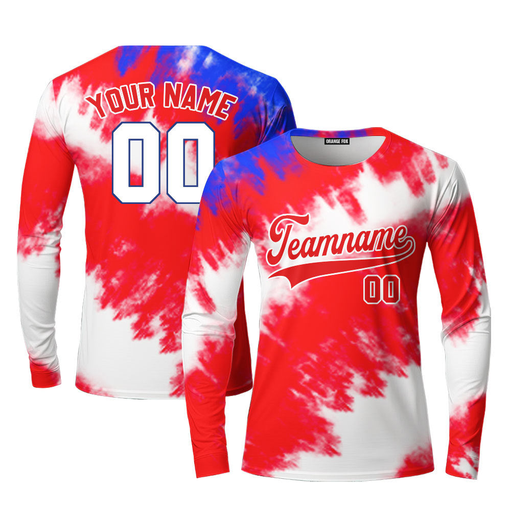 Custom Tie Dye USA Flag Color On Red Custom Long Sleeve T-Shirt For Men & Women