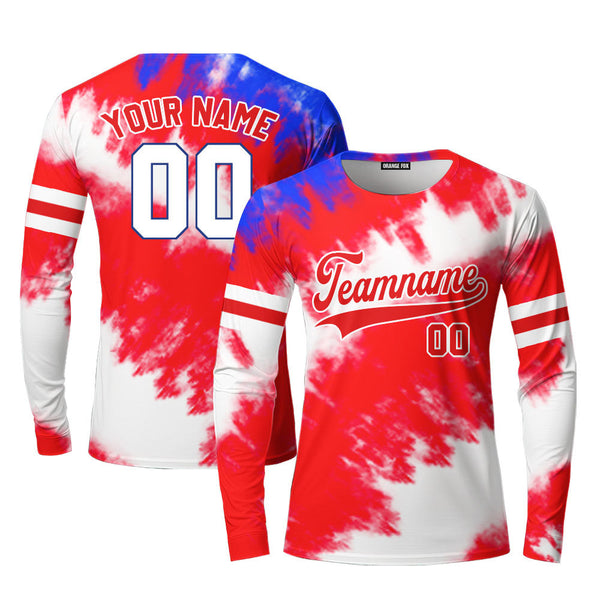 Custom Tie Dye USA Flag Color On Red Long Sleeve T-Shirt