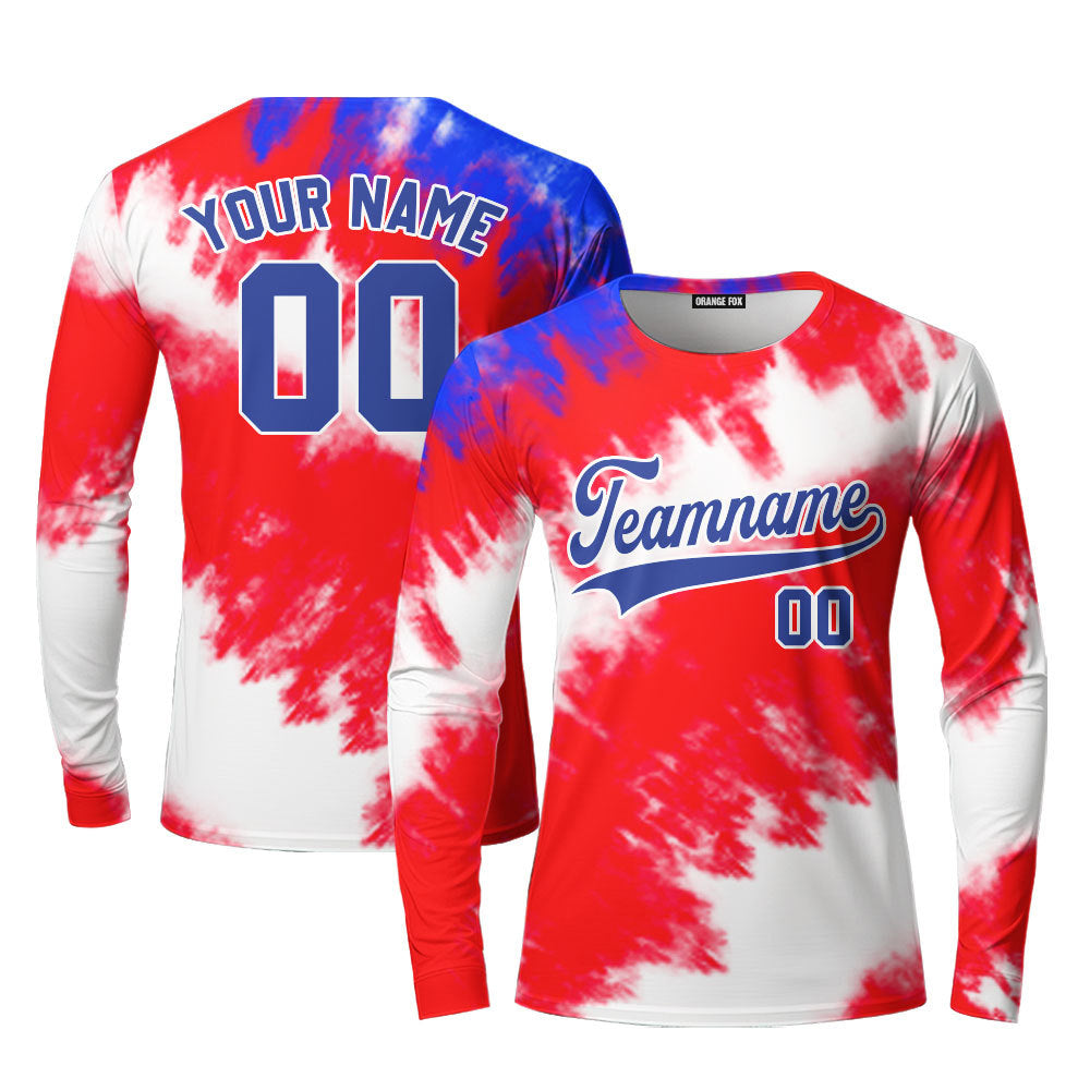 Custom Tie Dye USA Flag Color On Blue Custom Long Sleeve T-Shirt For Men & Women