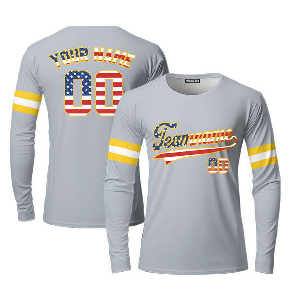 Custom Vintage American Flag Light Gray Custom Long Sleeve T-Shirt For Men & Women