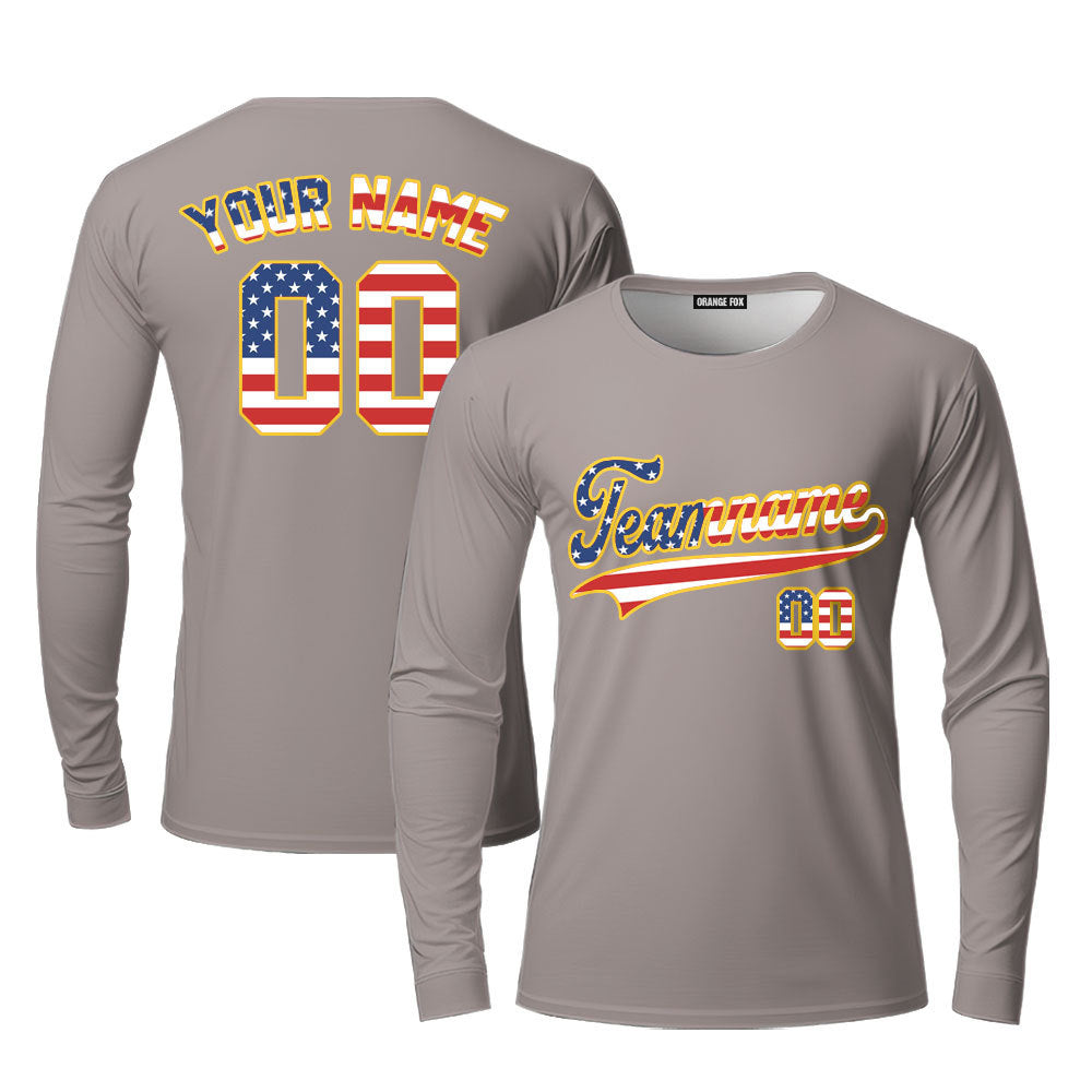 Custom Vintage American Flag Gray Custom Long Sleeve T-Shirt For Men & Women