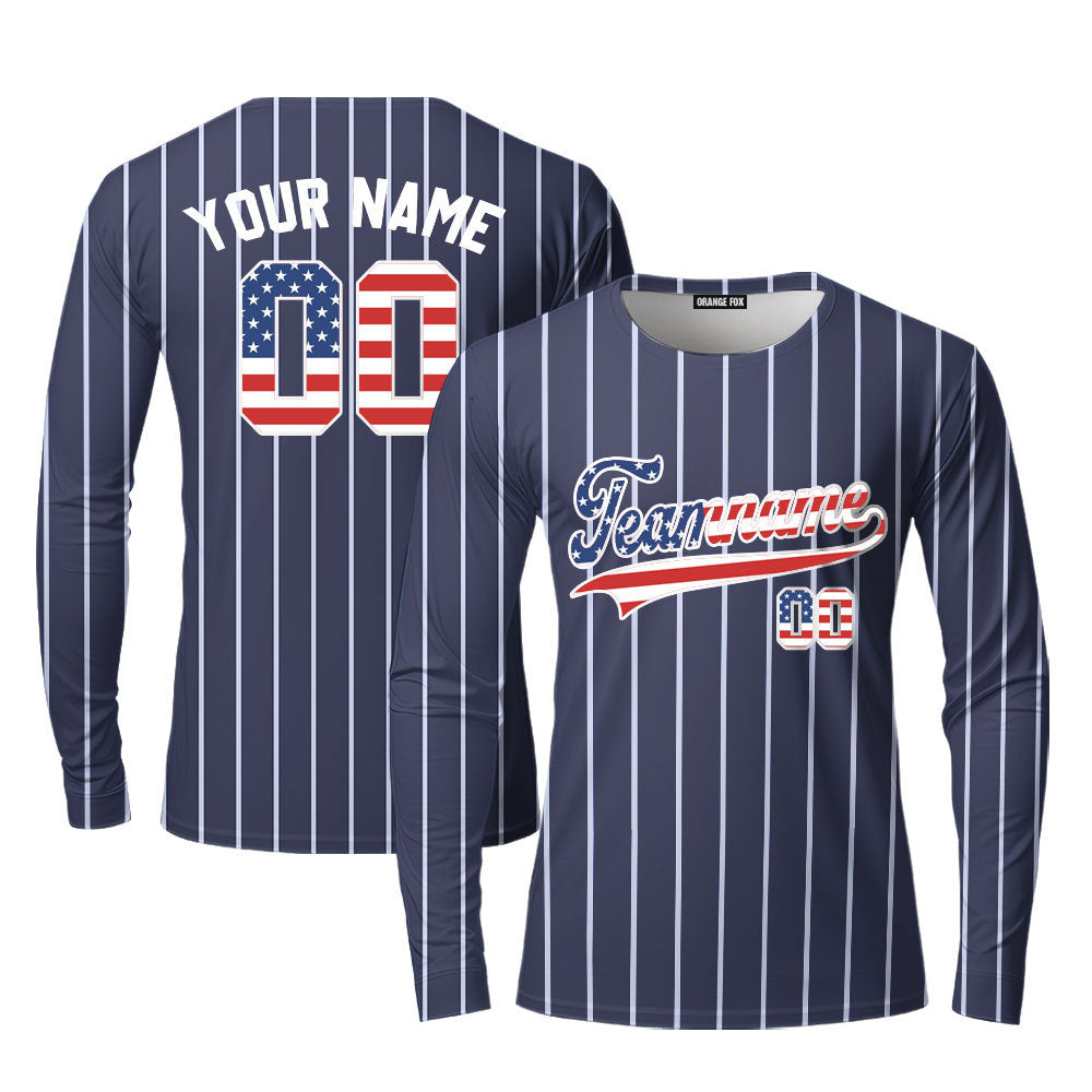 Custom Navy White Pinstripe American Flag White Custom Long Sleeve T-Shirt For Men & Women